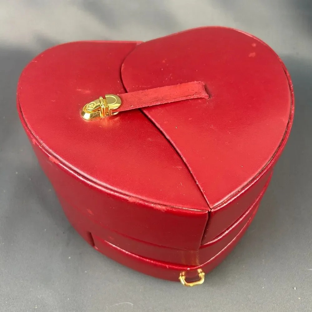 Vintage Wolf Designs Red Leather Heart Shape Jewelry Box Swing Out Design
